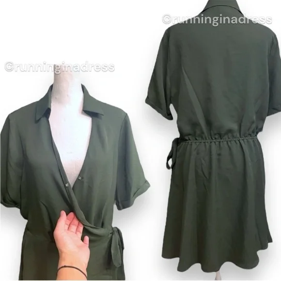 NWT Vince Camuto Collared Satin Wrap Dress In Color Green Size Medium - Picture 4 of 8